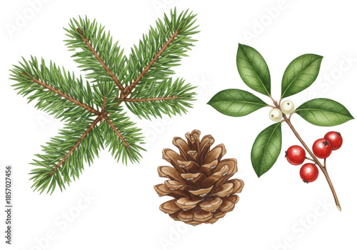 highly detailed watercolor illustration of isolated naturalistic pine branches, textured pinecone, and red winter berries on a transparent background. concept of traditional christmas elegance