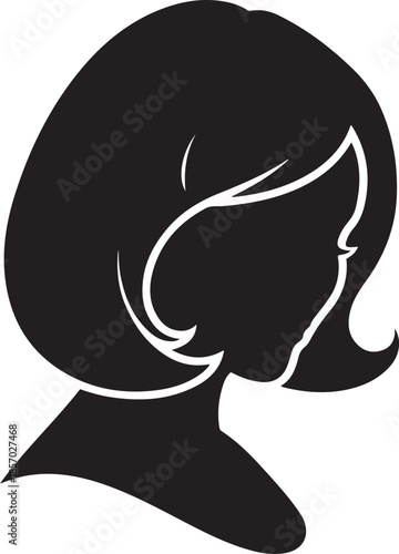 Black silhouette profile of a woman with short bob hairstyle and white outline details head face