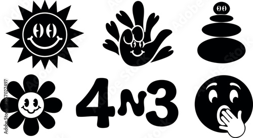 Black and white smiling sun flower hand zen stones plus four three illustration vector 