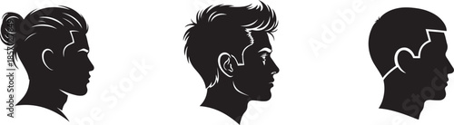 Three black silhouette profile views of men heads with different hairstyles male