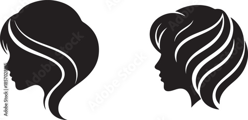 Two black and white female silhouettes with wavy hair facing opposite directions
