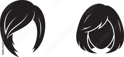 Two black silhouette hairstyles bob cut and layered bob cut on white background