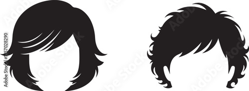 Two black silhouette hairstyles one short bob and one curly medium length on white background