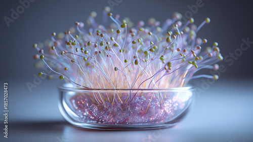 Scientific glass dish with glowing miniature plant sprouts, biotechnology and sustainable science innovation concept