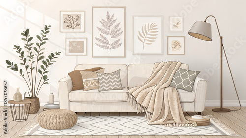 Minimal Scandinavian living room background, clean lines, neutral colors, soft textures, cozy blankets and pillows, lifestyle illustration