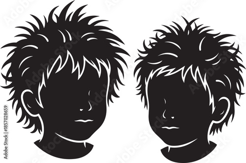 Two black silhouette profiles of young boys with spiky hair and simple facial on a white background