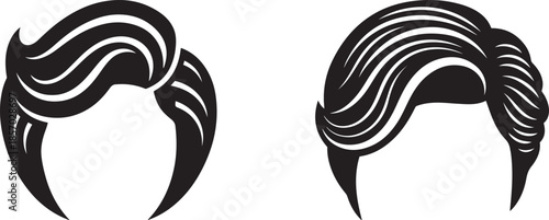 Two black stylized hairstyles side by side on white background isolated