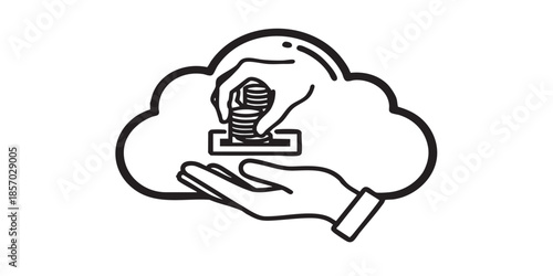 Cloud with coin machine and hand thin line icon, money payout concept. Vector graphics. Hand with money cloud, finance sign on white background, style icon mobile or web design