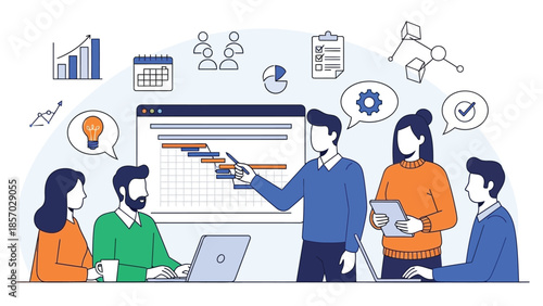 A team of professionals is collaborating on a project management presentation, utilizing a Gantt chart and various visual aids to illustrate project timelines and tasks.