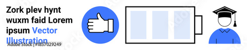 Feedback, education, energy levels, academic success, online learning, motivational . A thumb up icon, battery status symbol and graduate figure. Feedback and education conceptual themes