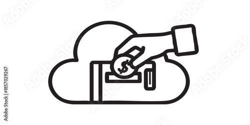 Cloud with coin machine and hand thin line icon, money payout concept. Vector graphics. Hand with money cloud, finance sign on white background, style icon mobile or web design
