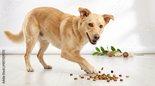 Playful yellow dog enjoying spilled food on a bright floor  