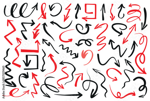 Set of red and black arrows. Isolated contour elements useful for education and presentations. Can be used individually or in groups and scaled freely.