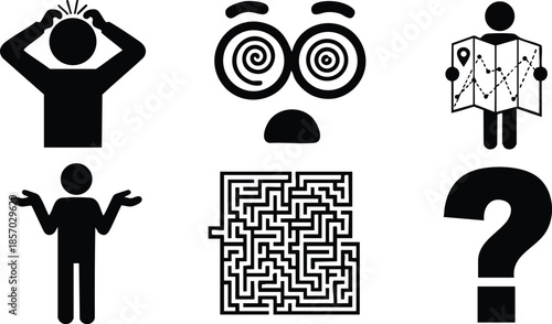 Flat design black silhouette icon set showing puzzled person holding map and shrugging figure with dizzy spiral eyes maze and bold question mark symbols representing confusion