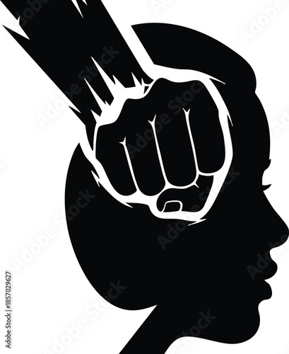 Minimalist silhouette vector showing left fist striking human head in profile high contrast black and white conceptual violence and assault icon close up bold graphic symbol