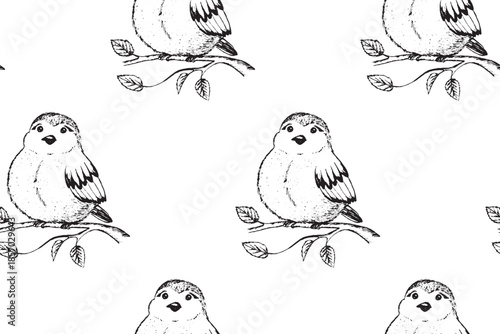 Seamless pattern with funny birds, flowers, leaves. Flat vector illustration with cartoon bird silhouette. Cute characters. Design for invitation, poster, card, textile, fabric.