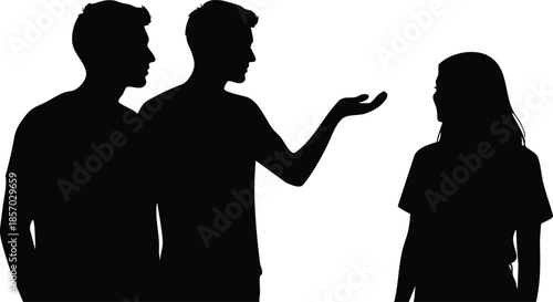 Flat vector silhouette side view two men speaking with hand gesture facing a solitary woman standing apart in high contrast black and white composition editorial signage
