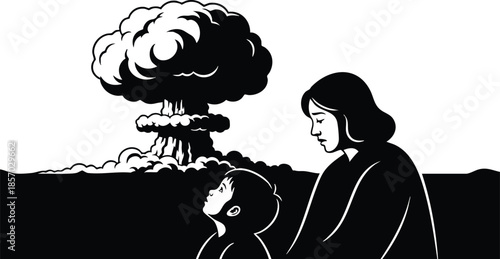 Silhouette vector low angle view child looking up at mushroom cloud with mother sitting beside on horizon stark black and white composition somber expression side profile