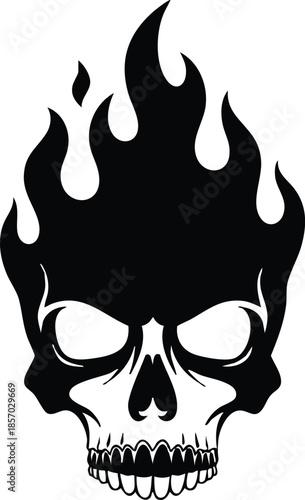Tattoo flash flaming skull vector logo close up black silhouette grinning skull with stylized flames looking forward centered on white background bold emblem design edgy branding