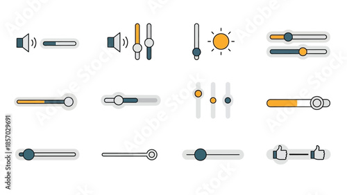 A collection of stylized icons and graphic elements depicting sliders, volume controls, and a sun symbol, arranged in a grid.