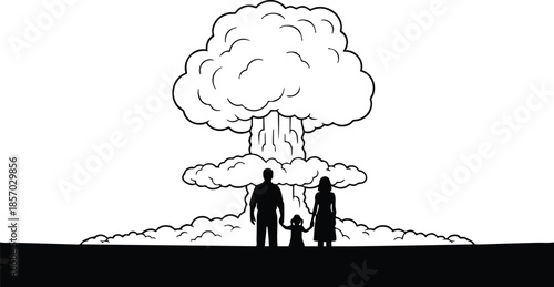 Minimalist silhouette vector family of three holding hands facing mushroom cloud nuclear explosion on horizon backlit stark black and white child between parents small low angle