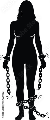 Silhouette vector flat design close up of standing woman with chained wrists and chained ankles facing forward on white background high contrast minimal somber concept art