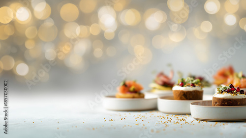 Elegant Mini Appetizers on Light Background with Golden Bokeh for Catering and Event Design
