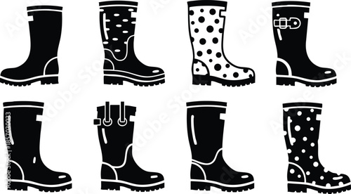 Flat design silhouette icon set eight rubber boots with polka dot buckle stitched details side view pair isolated on white background minimalist vector art monochrome collection