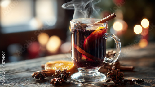 Hot mulled wine with spices and citrus in glass mug