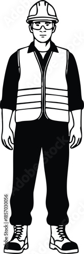 Line art front view construction worker wearing hard hat and safety vest standing facing camera hands at sides on white background monochrome minimal vector illustration studio