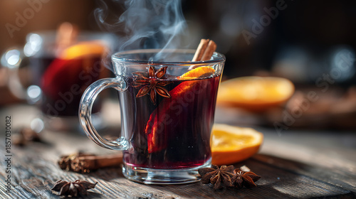 Hot mulled wine with spices and citrus in glass mug