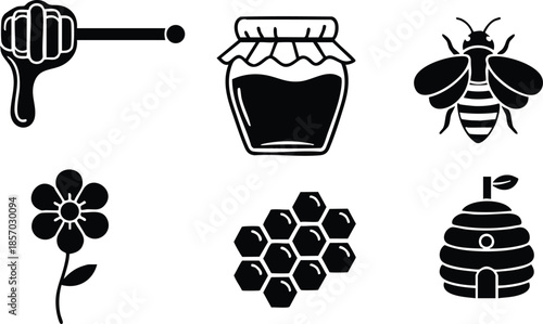 Flat design black silhouette honey icon set close up view showing honey dipper jar bee flower honeycomb and beehive in simple grid layout for branding logos