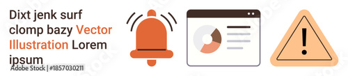 Digital security, data analysis, alert systems, user interface, notifications, safety warnings. An alert bell, data analytics window and warning triangle icon. Digital security and data analysis