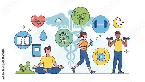 A diverse set of health and wellness icons are displayed, illustrating a holistic approach to well-being that encompasses physical activity, mental relaxation, and healthy living.