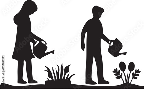 Vector silhouette illustration of two people watering plants, a symbol of gardening and plant care