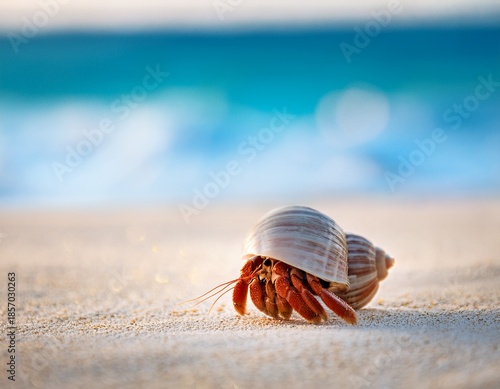 close up of hermit crab in shell on sandy beach with blurred ocean background