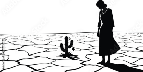 Line art high contrast silhouette of woman looking down at small cactus on cracked desert ground with long shadow and distant horizon minimalist composition sparse emptiness