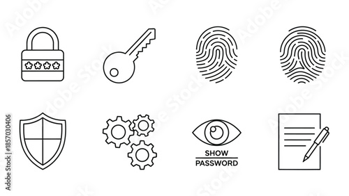 A collection of security and access icons including a padlock, key, fingerprint, shield, gears, eye, and document.