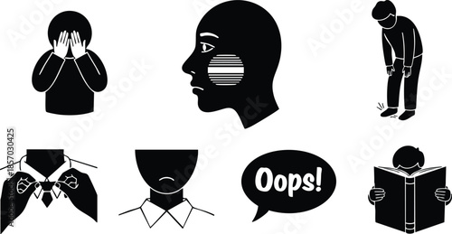 Flat design icon set showing various embarrassed and apologetic gestures including covering eyes looking down slumped posture blushing profile speech bubble oops and reading confusion silhouette