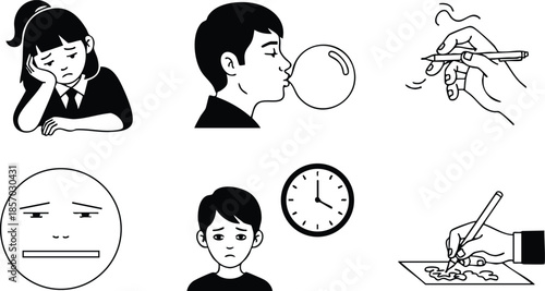 Line art set of six child emotion and action icons including bored girl resting head boy blowing bubble gum hand smoking writing signature neutral sad clock