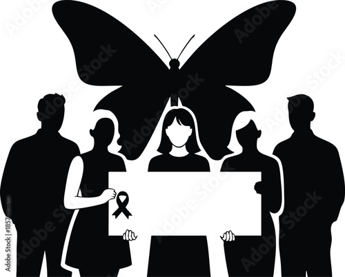 Flat design silhouette group with large butterfly backdrop and central woman holding awareness ribbon and blank sign looking forward in minimal monochrome composition bold graphic layout