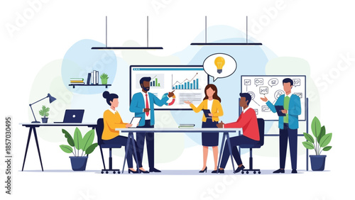 A diverse group of business professionals collaborates in a modern office setting, discussing strategies and presenting ideas on a large digital screen and whiteboard.