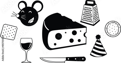 Minimalist vector flat design cheese wedge with smiling mouse head grater knife wine glass cracker round cheese and party hat isolated on white background playful whimsical