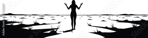 Minimalist silhouette vector of woman standing with raised arms on rocky shore looking out over calm sea in high contrast composition centered figure facing camera waves