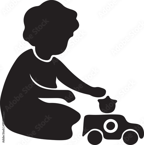 Child playing with a car silhouette vector illustration on a transparent background