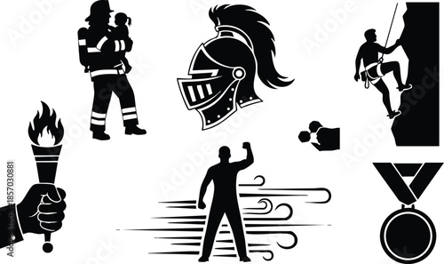 Flat icon set close up heroic silhouette firefighter carrying victim knight helmet side view rock climber ascending hand holding torch man bracing wind medal award symbol
