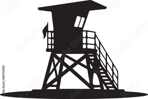Coastal Lifeguard Tower Silhouette Vector Art, Beach Safety and Ocean Surveillance Icon Design