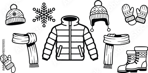 Line art icon set winter clothing elements arranged around central jacket including hat scarf mittens boots snowflake beanie pom pom close up outline black and white