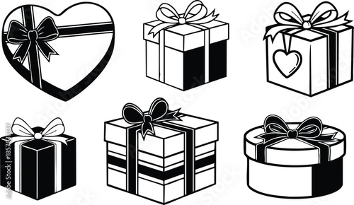 Line art vector icon set six gift boxes and heart shaped box with ribbon bow top view three quarter angle minimalist flat simple black and white