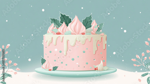 Wallpaper Mural Pink Christmas cake illustration with winter decorative elements Torontodigital.ca